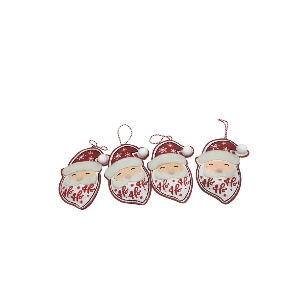 Set of 4 Rustic Burlap Santa Claus Christmas Ornaments Red White Ho Ho Ho